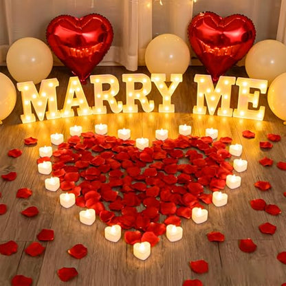 Marry Me Light Up Letters, with 30 Tea Lights Candles, Rose Petals, Aluminum Balloons, Balloons, Red Carpet, Rose Ring Box, Double Sided Tape, Valentine's Day Proposal Engagement Wedding Decorations - color: MARRY ME - Large