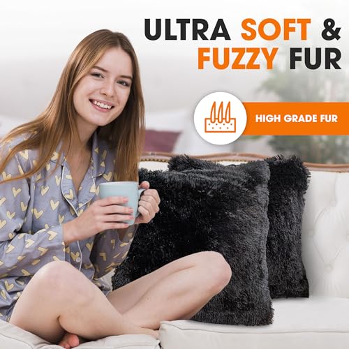 Cheer Collection Throw Pillows for Couch and Bed, Soft Shaggy Throw Pillows with Inserts Included, Cozy Long Hair Faux Fur Pillows - Set of 2-26" x 26" Black - color: Black, size: 26" x 26"