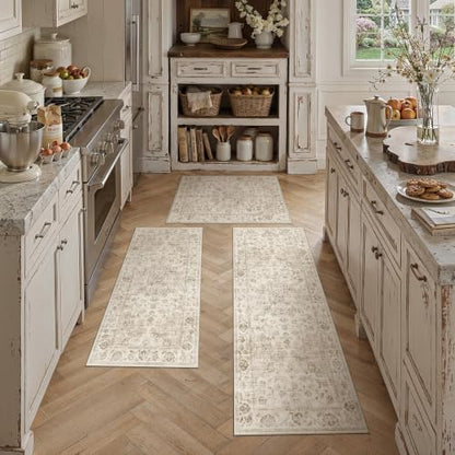 3 Piece Beige Neutral Kitchen Rug Set - color: Neutral | Beige, size: 24"x36"+24"x48"+24"x60"