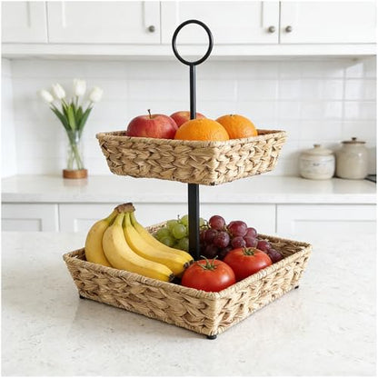 2 Tier Wire Fruit Basket with Rattan | Square Metal Standing Baskets| Handwoven Fruit and Vegetable Storage Organizer |Stackable Candy Organizer|Multi-Function Snack Rack&Shelf for Chips