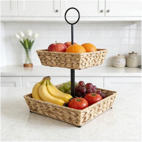 2 Tier Wire Fruit Basket with Rattan | Square Metal Standing Baskets| Handwoven Fruit and Vegetable Storage Organizer |Stackable Candy Organizer|Multi-Function Snack Rack&Shelf for Chips