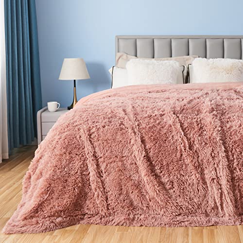 GONAAP Fuzzy Faux Fur Queen Blanket for Couch, Pink, 90"x90" - color: Pink, size: Queen(90"x90")