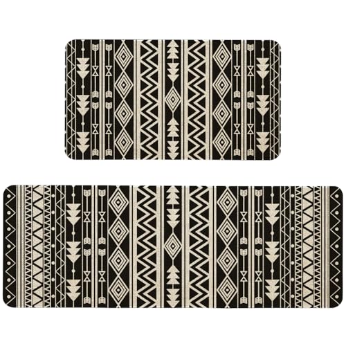 Black Boho Kitchen Mats Set of 2 Non Slip Black and White Farmhouse Kitchen Rugs Bohemia Home Decor Low-Profile Washable Floor Mat 17x47 Inch and 17x29 Inch - color: Boho Kitchen Mat-02, size: 17x47 inch and 17x29 inch