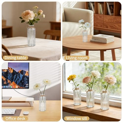 Glass Bud Vases Set of 20, Clear Small Flower Vases Bulk with Twines Ropes, Mini Ribbed Vase for Centerpieces, Decorative Glass Vases for Wedding Table, Party, Home Decor