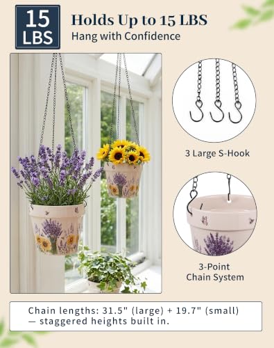 Stoneware Hanging Planters Set of 2, Large 7" + Small 5" - color: Set 2-lavender Fields