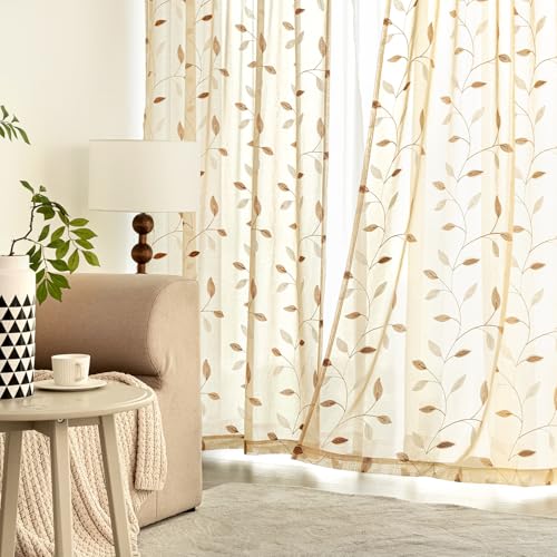 MIULEE Beige Sheer Curtains 2 Panels Embroidered Leaf Patterned, W52 x L84 - color: Beige, size: 52"W x 84"L (Pack of 2)