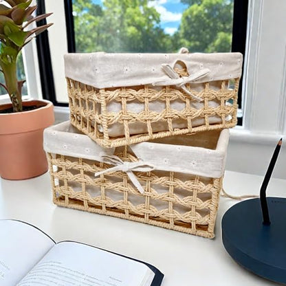 GIB Small Wicker Woven Storage Baskets for Organizng with Liners, Set of 3 - color: Beige