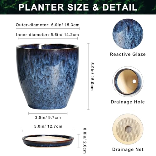 6 Inch Plant Pot - Ceramic Pots for Plants with Drainage Hole and Saucer, Ceramic Planters for Indoor Plants Outdoor, Decorative Round Planter, Room Home Decor, Gifts for Plant Lovers, Blue - color: Blue-glaze, size: 6 Inch