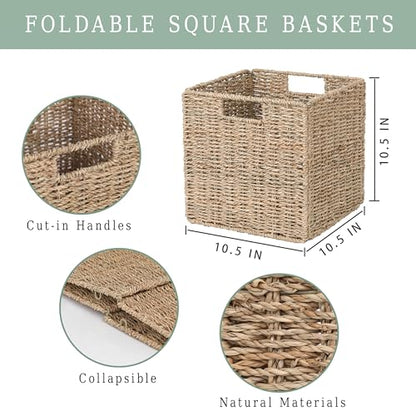10.5 x 10.5in Cube Seagrass Storage Baskets, Foldable Square Wicker Storage Baskets for Shelves Set of 3, Large Cubby Rattan Basket, Collapsible Cube Storage Bins