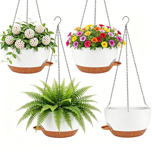 실내 실외용 10.2-20.3cm(4-8인치) 자체 급수 벽걸이 화분 세트, 배수 및 탈착식 트레이가 있는 벽걸이 화분 홀더, 아이비, 화분, 양치류, 발코니 및 파티오용, 화이트 브라운 - color: 화이트 브라운.