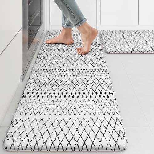 KIMODE Kitchen Mats 2 PCS, Cushioned Anti Fatigue Kitchen Rugs and Mats - color: Black and White Diamond, size: 17.3" x 47 "+ 17.3" x 29 "--0.47 inches
