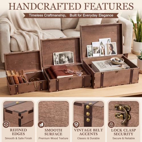 Sliner 3 Pack Vintage Wooden Keepsake Treasure Chest Box with Lock, S M L