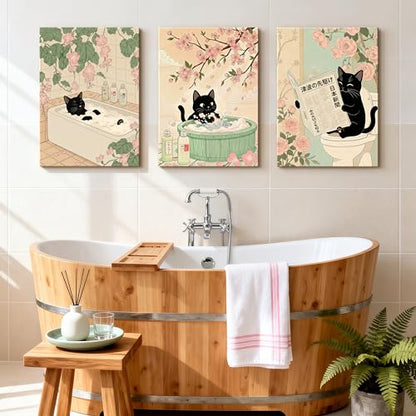 WENGTIAO 3Pcs Japanese Funny Black Cat Bathroom Wall Art Prints 16"x24" - color: Black Cat Bathroom, size: 16"x24"x3Pcs