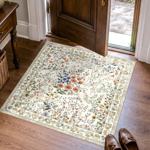 3x3 Square Entry Rug Foyer Entryway: Non-Slip Floral Washable Rugs for Indoor Floor Living Room Kitchen Bedroom - Soft Thin Doormat Carpet Boho Vintage Home Decor (3ft Square, Beige) - color: Beige, size: 3x3