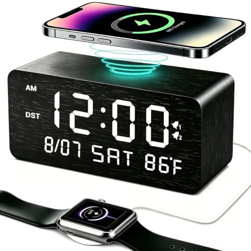 Premium Black Wooden Digital Alarm Clock with Wireless Phone Charger, Dual USB Charging Ports, Dimmable LED Display, Date and Day of Week, Small Digital Desk Clock for Bedroom Nightstand Bedside Table - color: Black