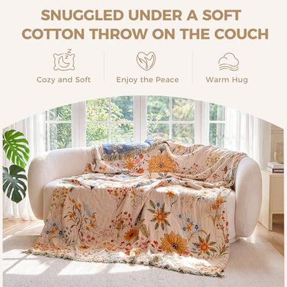 LUTBM Boho Throw Blanket for Bed 60"x80", All Season Cotton Couch Blankets - color: Flower-garden, size: 60"×80"