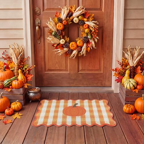 Fall Doormat Outdoor Pumpkin Orange White Gingham Welcome Scalloped Mat - style: Large Pumpkin