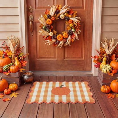 Fall Doormat Outdoor Pumpkin Orange White Gingham Welcome Scalloped Mat - style: Large Pumpkin