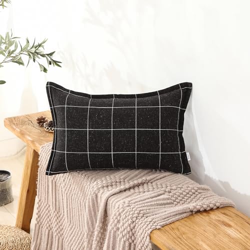 Pure Linen Plaid Throw Pillow Covers 12x20, Set of 2, Black - color: Black, size: 12x20inch