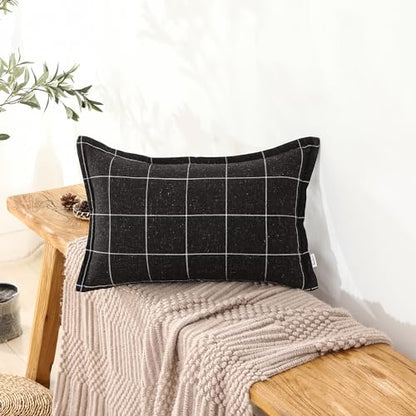 Pure Linen Plaid Throw Pillow Covers 16x16, Set of 2, Black - color: Black, size: 16x16inch