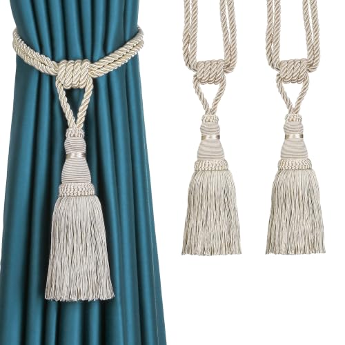 BEL AVENIR 2 Pack Curtain Tiebacks Tassel Drapery Tie-Backs Rope Holdbacks - color: Light Beige, size: 2 Pack
