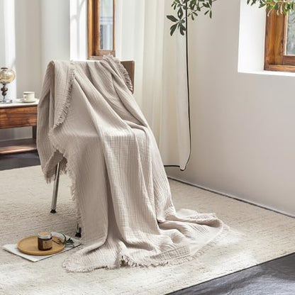 FOSSA Muslin Blanket 4-Layer 100% Cotton Gauze Blanket with Fringe 90"x90" - color: Beige Gray, size: Queen (90" × 90")