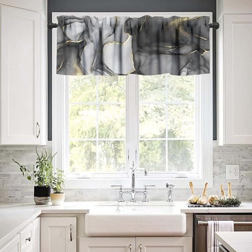 Grey Marble Window Valance, Marble Texture Line Black Gold Grey Rod Pocket Blackout Short Curtain Drape for Cafe Kitchen Bedroom Living Room, 54x18inch - color: Marble-15