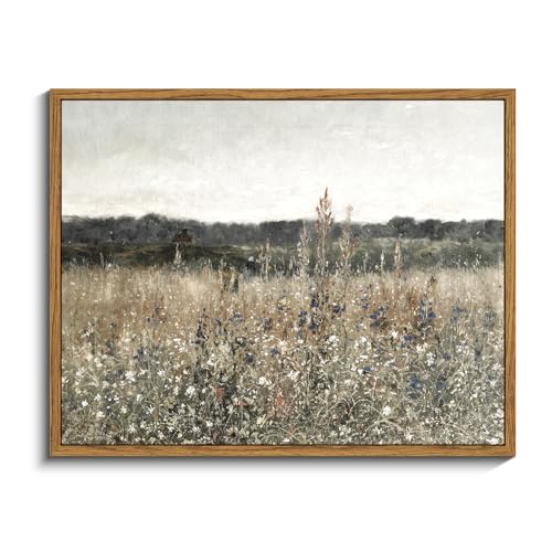InSimSea Framed Canvas Wall Art Vintage Decor, Wildflower Field Canvas Wall Art Paintings Prints, Rustic Landscape Wall Decor for Bathroom Office, Office Dining Room Decor, 11"x14" - color: Champ Fleuri, size: 14"L x 11"W