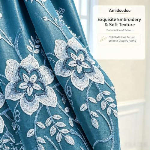 Amidoudou 1 Pair European Double Layer Curtains for Living Room Bedroom Luxury Flower Embroidered Curtains with Valance (Blue,52x95 Inch) - color: Blue, size: 52"W x 95"L (Pack of 2)