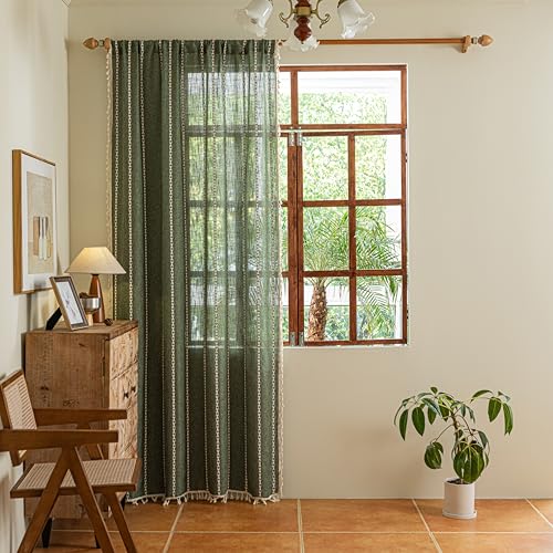 Sutuo Home Boho Kitchen Curtains with Beige Tassels, Semi Blackout Linen French Country Shabby Chic Window Treatment Bohemian Embroidery Knitted Drape, Rod Pocket 1 Panel 52" W x 63" L, Olive Green - color: Olive Green Stripes, size: 52"W x 63"L (Pack of