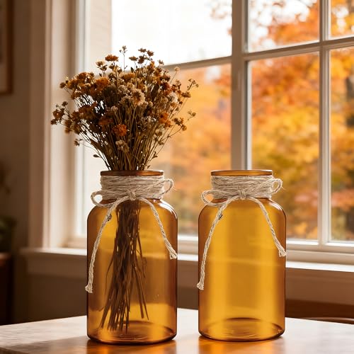 12 Pack Mason Jar Vases for Centerpieces, Amber Glass Flower Vase - color: Amber