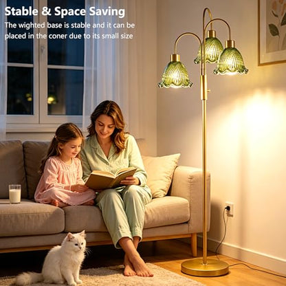 Glass Floor Lamp 3-Light 70" Green Flower Gold Dimmable Tall Standing Lamps - color: Green Flower-Gold