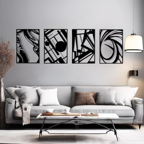 Pymin 4Pcs Black Abstract Metal Wall Art,3D Sculptures Textured Home Decor | Modern Minimalist Matte Black Single Line Art Décor and Shadow Effect Wall Decor for Living Room Bedroom, 16"x11" - size: 16"x11"
