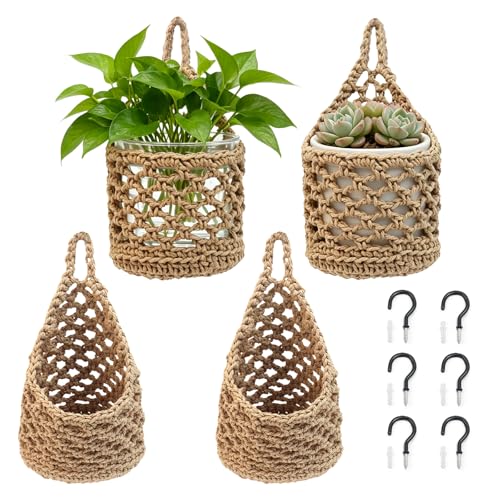 4-PCS 5 Inch Macrame Wall Plant Hangers, Small Wall Hanging Plant Holder with Hooks, Natural Cotton Rope Hanger for Indoor Plants & Daily Storage, Boho Home Decor - color: Natural