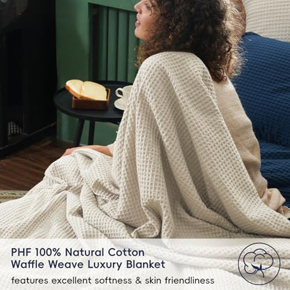 PHF 100% Cotton Waffle Throw Blanket Lightweight Breathable, Linen/Stone - color: Linen/Stone, size: Throw(50" x 60")
