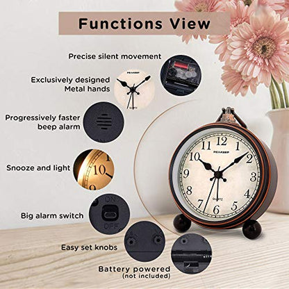 Peakeep 4" Small Battery Operated Analog Alarm Clock, Antique Retro Style - color: Black