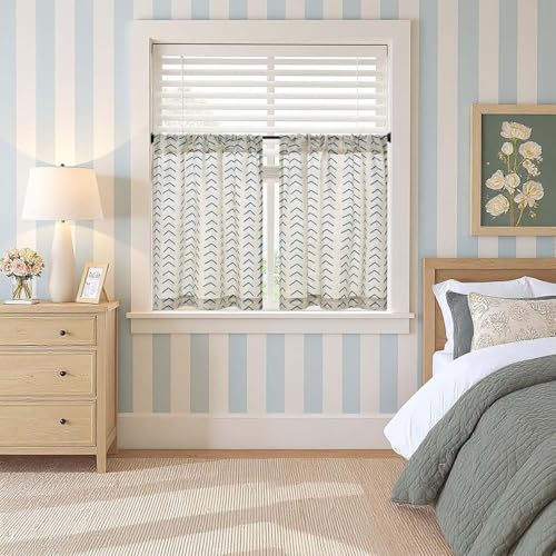 jinchan Blue Boho Linen Kitchen Tier Curtains 24 Inches Rod Pocket 2 Panels - color: Arrow | Blue on Linen, size: 26"W x 24"L (Pack of 2)
