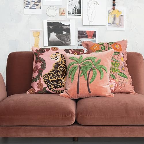 Creative Co-Op Embroidered Tiger and Flowers Cotton Slub Pillow, Multicolor - size: 20” L x 20” W