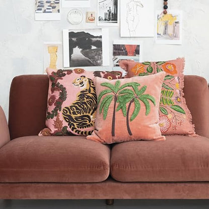 Creative Co-Op Embroidered Tiger and Flowers Cotton Slub Pillow, Multicolor - size: 20” L x 20” W