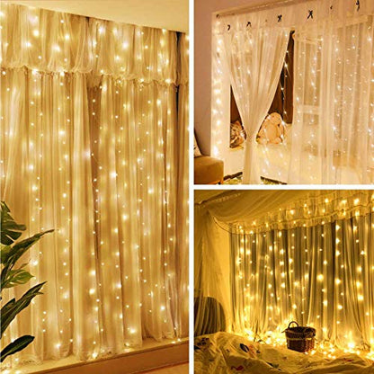 300 LED Twinkle Fairy Curtain Lights with Remote - 8 Lighting Modes, Hanging Warm String Light with USB Powered for Bedroom Wall, Wedding Backdrop and Christmas Party Window Decor