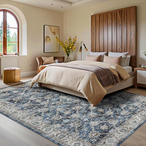 GarveeHome Vintage Rug 5x7 Floral Print Area Rug for Living Room Washable Non Slip Farmhouse Distressed Indoor Carpet Foldable Low Pile Soft Accent Throw Rug for Bedroom Home Nursery, Blue - color: Blue, size: 5' x 7' (Rectangular)