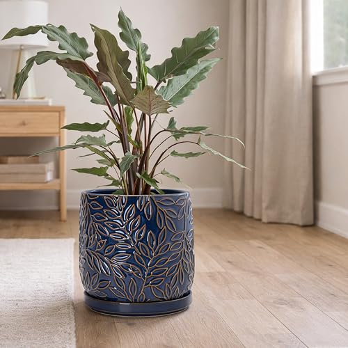D'vine Dev Embossed Leaves Ceramic Planter, 8 in, Midnight Blue, 27-A-Q-3 - color: Midnight Blue, size: 8 Inch