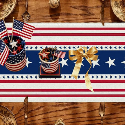 72x13 Inch 250th 4th of July Patriotic USA Stars Table Runner with 6Pcs Place Mats for Independence Day - color: 250th Anniversary