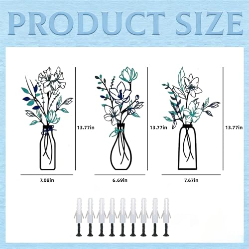 3PCS Metal Flowers Wall Decor, Modern Blue Floral Metal Art for Bathroom, Dining Room, Bedroom, Farmhouse Home Decoration