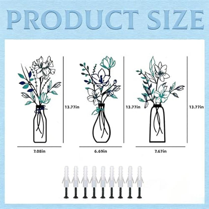 3PCS Metal Flowers Wall Decor, Modern Blue Floral Metal Art for Bathroom, Dining Room, Bedroom, Farmhouse Home Decoration