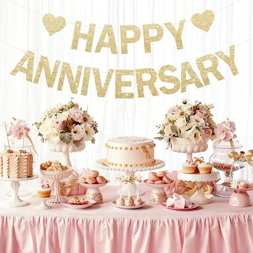 Happy Anniversary Glitter Banner - No DIY - Champagne Gold Happy Anniversary Decorations Banner for Romantic Wedding Birthday Party Decorations