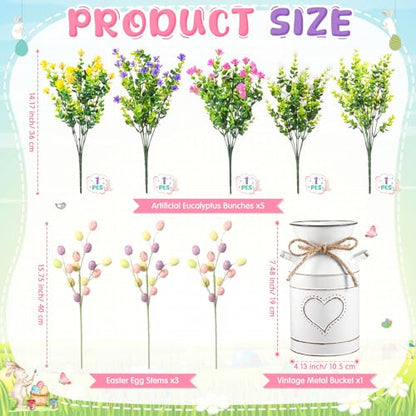Riceshoot Easter Table Centerpieces Include 3 Easter Egg Floral Picks 5 Eucalyptus Stems Plants with Vase Artificial Easter Egg Flower Arrangement for Easter Spring Party Office Home Decoration