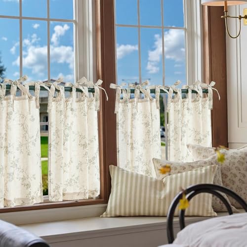 jinchan Green Floral Kitchen Tier Curtains Alisa 24 Inches Tie Top 2 Panles - color: Alisa Green on Linen, size: 26"W x 24"L (Pack of 2)