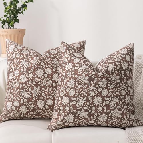 DWR Floral Throw Pillow Covers 16x16 Set of 2, Block Print Decorative Pillow Covers in Rusty Brown Red, Neutral Faux Linen Cotton Blend, Vintage Look for Couch, Sofa, Bed, Living Room - color: Rusty Brown Red, size: 16" x 16" (Pack of 2)