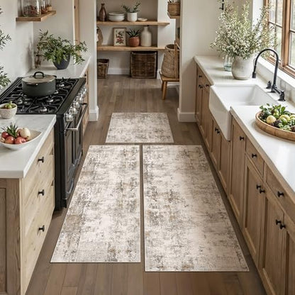 Washable Brown Grey Neutral Kitchen Runner Rug Set of 3 - color: Abstract | Brown Grey, size: 20"x32"+20"x48"+30"x50"